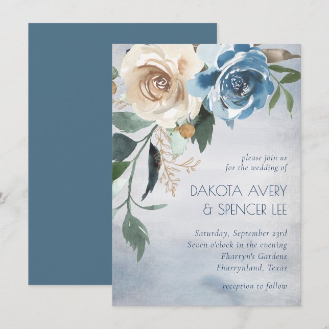 Lake Floral | Dusty Blue and Off White Wedding Invitation (Front/Back)