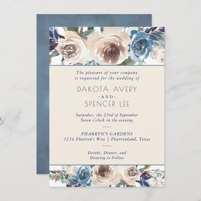 Lake Floral | Muted Blue and Cream Garland Wedding Invitation (Front/Back)