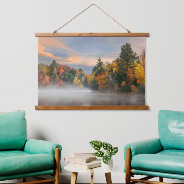 Lake Fog Fall Foliage Sunrise Mountain New England Hanging Tapestry (Living Room)