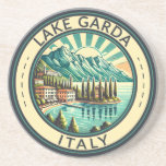 Lake Garda Italy Illustration Travel Art Badge Coaster<br><div class="desc">Lake Garda vector art design. Lake Garda,  in northern Italy,  is known for its crystal clear water. At the south end,  the town of Sirmione is dominated by the Rocca Scaligera,  a fortress with harbour views.</div>