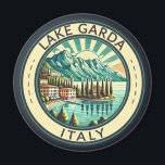 Lake Garda Italy Illustration Travel Art Badge Magnet<br><div class="desc">Lake Garda vector art design. Lake Garda,  in northern Italy,  is known for its crystal clear water. At the south end,  the town of Sirmione is dominated by the Rocca Scaligera,  a fortress with harbour views.</div>