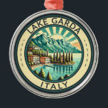 Lake Garda Italy Illustration Travel Art Badge Metal Tree Decoration<br><div class="desc">Lake Garda vector art design. Lake Garda,  in northern Italy,  is known for its crystal clear water. At the south end,  the town of Sirmione is dominated by the Rocca Scaligera,  a fortress with harbour views.</div>