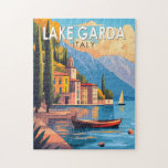 Lake Garda Italy Travel Art Vintage Jigsaw Puzzle<br><div class="desc">Lake Garda vector art design. Lake Garda,  in northern Italy,  is known for its crystal clear water. At the south end,  the town of Sirmione is dominated by the Rocca Scaligera,  a fortress with harbour views.</div>