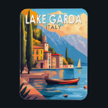 Lake Garda Italy Travel Art Vintage Magnet<br><div class="desc">Lake Garda vector art design. Lake Garda,  in northern Italy,  is known for its crystal clear water. At the south end,  the town of Sirmione is dominated by the Rocca Scaligera,  a fortress with harbour views.</div>
