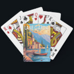 Lake Garda Italy Travel Art Vintage Playing Cards<br><div class="desc">Lake Garda vector art design. Lake Garda,  in northern Italy,  is known for its crystal clear water. At the south end,  the town of Sirmione is dominated by the Rocca Scaligera,  a fortress with harbour views.</div>