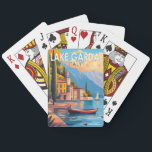 Lake Garda Italy Travel Art Vintage Playing Cards<br><div class="desc">Lake Garda vector art design. Lake Garda,  in northern Italy,  is known for its crystal clear water. At the south end,  the town of Sirmione is dominated by the Rocca Scaligera,  a fortress with harbour views.</div>