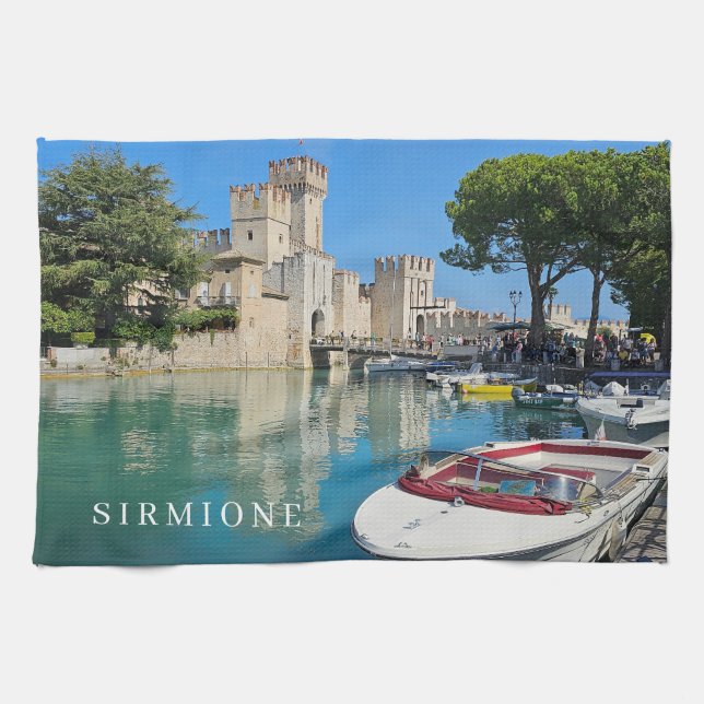 Lake Garda Sirmione Castle view tea towel (Horizontal)