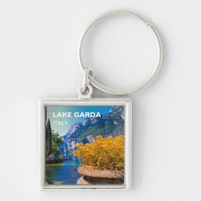 Lake Garda & Yellow Flowers Oil Painting Key Ring (Front)