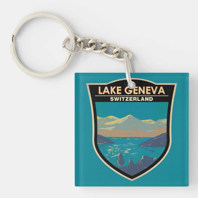 Lake Geneva Switzerland Travel Art Vintage Key Ring (Front)