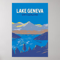 Lake Geneva Switzerland Travel Art Vintage