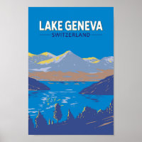 Lake Geneva Switzerland Travel Art Vintage