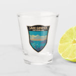 Lake Geneva Switzerland Travel Art Vintage Shot Glass<br><div class="desc">Lake Geneva on the Switzerland side vector art design. Lake Geneva (or Lac Léman) is a crescent-shaped lake shared between France and Switzerland,  and overlooked by the Alps.</div>