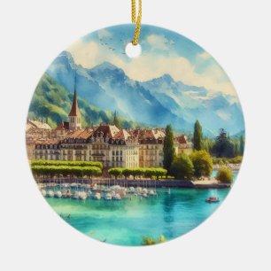 Lake Geneva Switzerland Watercolor Christmas Ceramic Tree Decoration