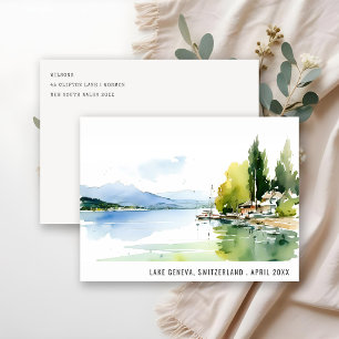 Lake Geneva Switzerland Watercolor Scape Travel Holiday Postcard