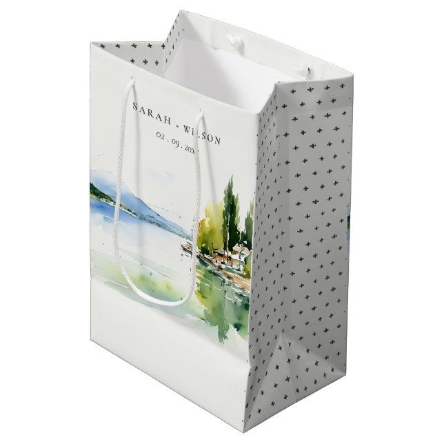Lake Geneva Switzerland Watercolor Scape Wedding Medium Gift Bag (Front Angled)