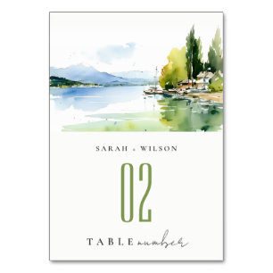 Lake Geneva Switzerland Watercolor Scape Wedding Table Number