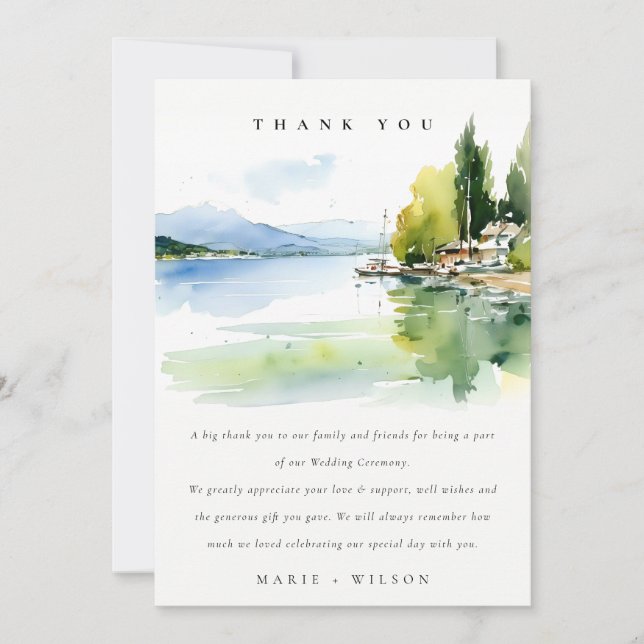 Lake Geneva Switzerland Watercolor Scape Wedding Thank You Card (Front)