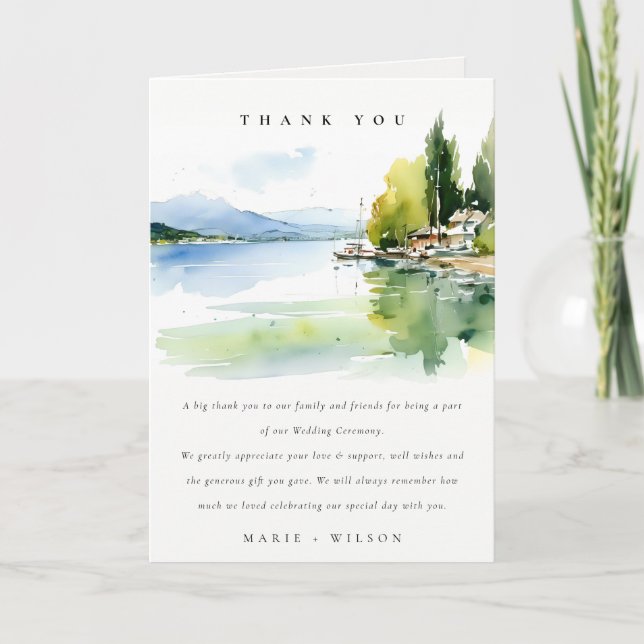 Lake Geneva Switzerland Watercolor Scape Wedding Thank You Card (Front)