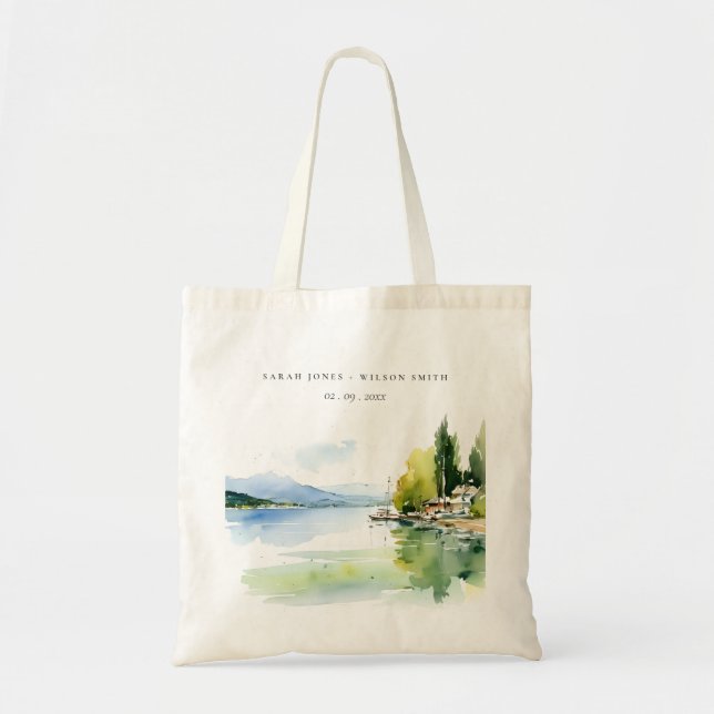 Lake Geneva Switzerland Watercolor Scape Wedding Tote Bag (Front)