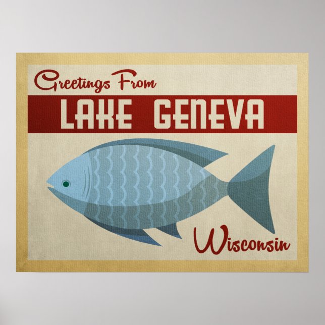 Lake Geneva Wisconsin Blue Fish Vintage Travel Poster (Front)