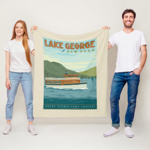Lake George, New York   Vintage Boat Fleece Blanket