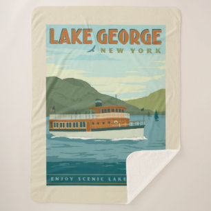 Lake George, New York   Vintage Boat Sherpa Blanket