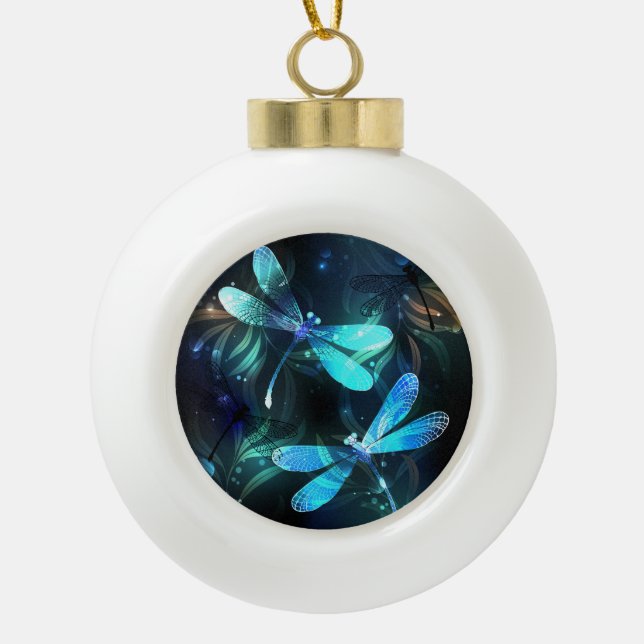 Lake Glowing Dragonflies Ceramic Ball Christmas Ornament (Front)