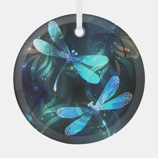 Lake Glowing Dragonflies Glass Tree Decoration (Front)