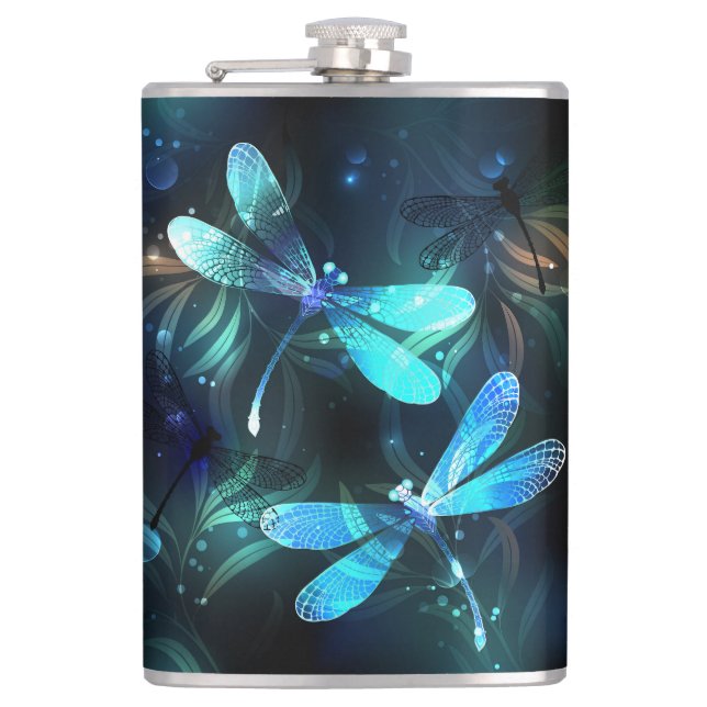 Lake Glowing Dragonflies Hip Flask (Front)