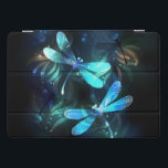 Lake Glowing Dragonflies iPad Pro Cover<br><div class="desc">Two transparent,  luminous,  turquoise,  artistically drawn dragonflies on night background with luminescent lake algae and fireflies. Glowing dragonfly.</div>