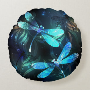 Lake Glowing Dragonflies Round Cushion