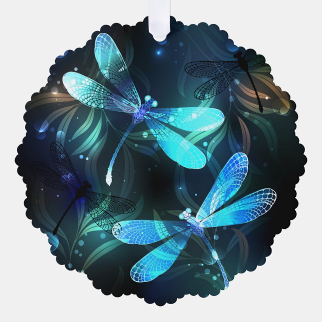 Lake Glowing Dragonflies Tree Decoration Card (Front)