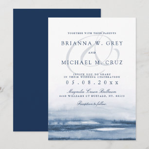 Lake Harbour Fog Wedding Invitation Navy Back