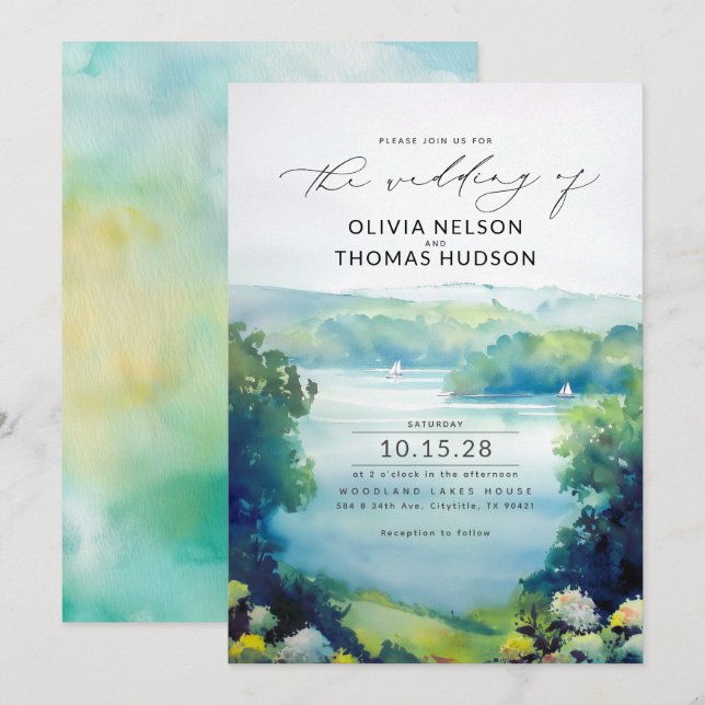 Lake Hills Sailboats Watercolor Nature Wedding Invitation (Front/Back)