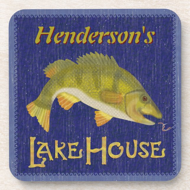 Lake House Bass Fish Rustic Nautical | Add Name Coaster (Front)