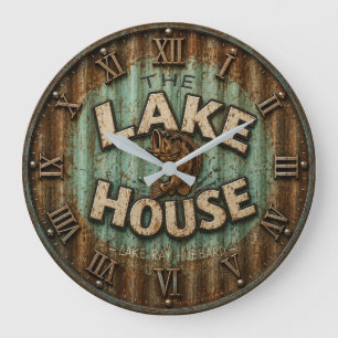Lake House Bass Fishing Rustic Angler Cabin Large Clock