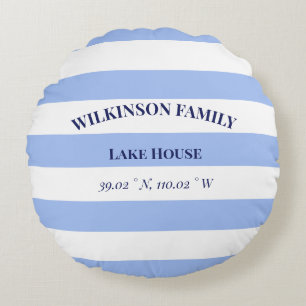 Lake house Coordinates Family name Blue Stripes Round Cushion