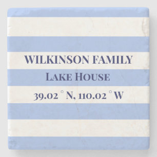 Lake house Coordinates Family name Blue Stripes Stone Coaster