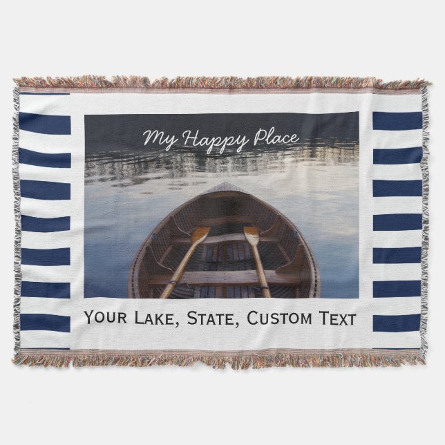 Lake House Custom Photo My Happy Place Striped Throw Blanket (Front)