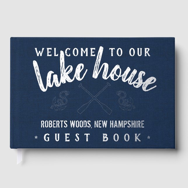 Lake House Customised Vacation Rental Navy Silver Guest Book (Front)