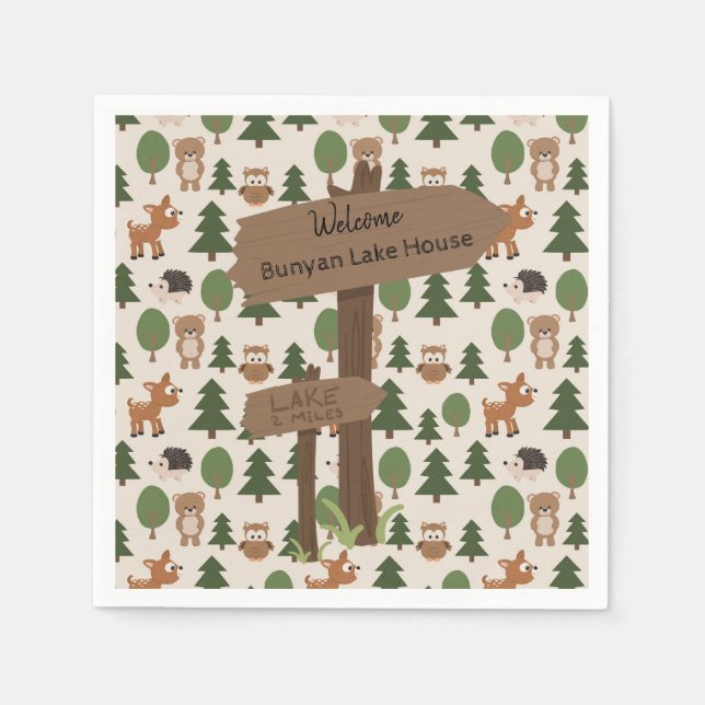 Lake House Cute Rustic Forest Animals Custom Napkin (Front)