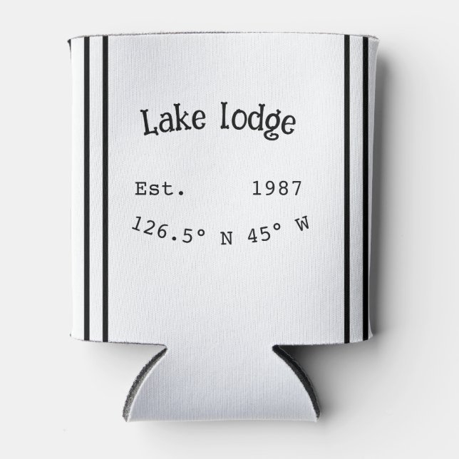 Lake house ets. Date year custom coordinates add n Can Cooler (Front)