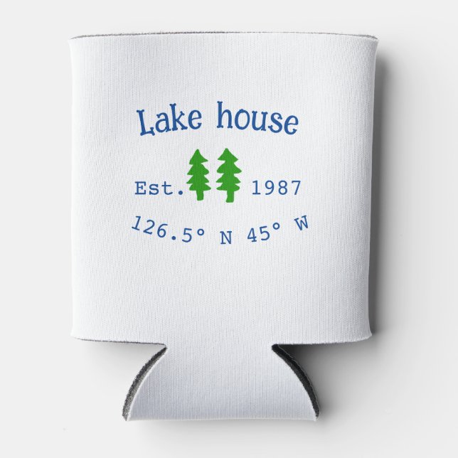 Lake house ets. Date year custom coordinates add n Can Cooler (Front)