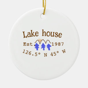 Lake house ets. Date year custom coordinates add n Ceramic Tree Decoration