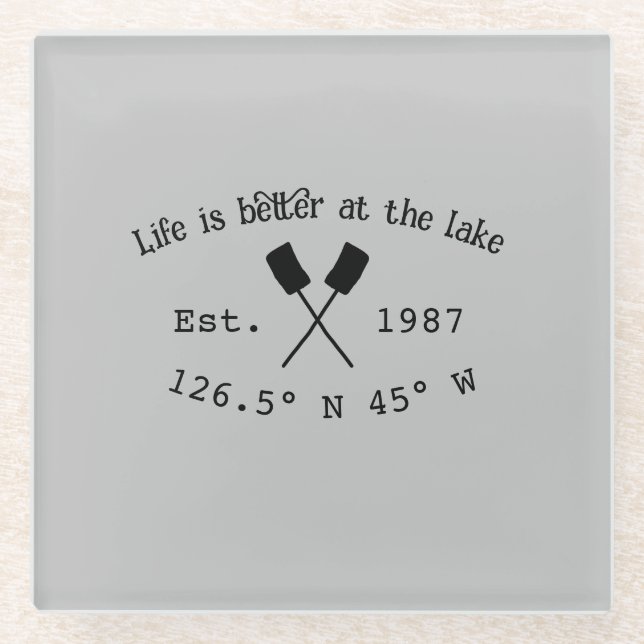 Lake house ets. Date year custom coordinates add n Glass Coaster (Front)