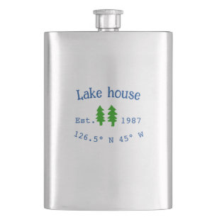 Lake house ets. Date year custom coordinates add n Hip Flask