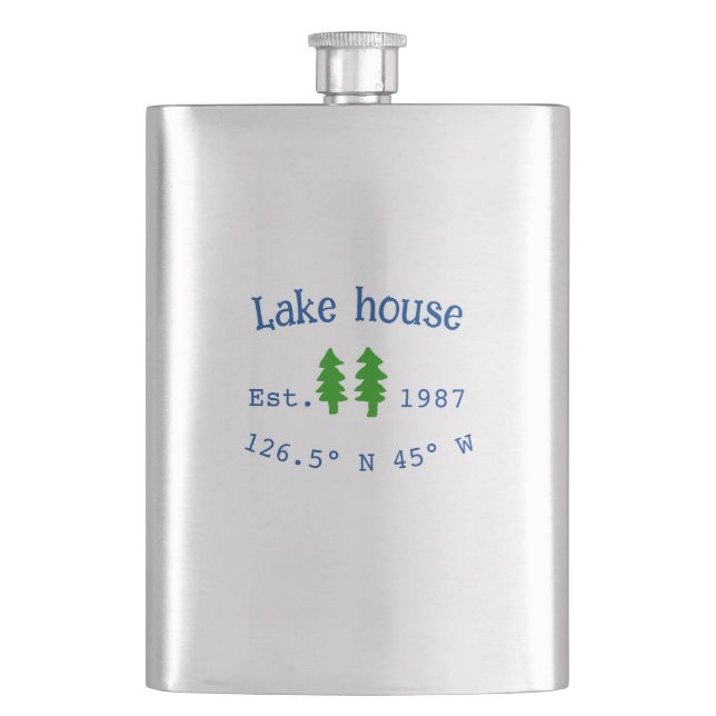 Lake house ets. Date year custom coordinates add n Hip Flask (Front)