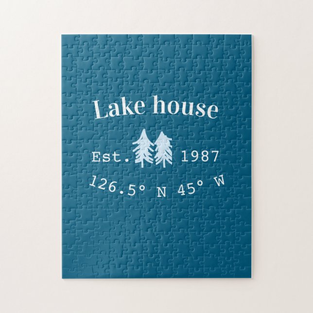 Lake house ets. Date year custom coordinates add n Jigsaw Puzzle (Vertical)