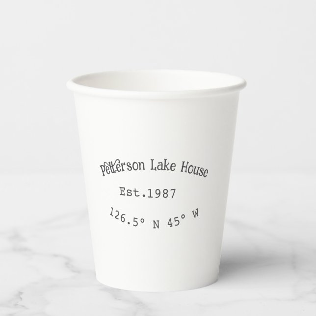 Lake house ets. Date year custom coordinates add n Paper Cups (Front)