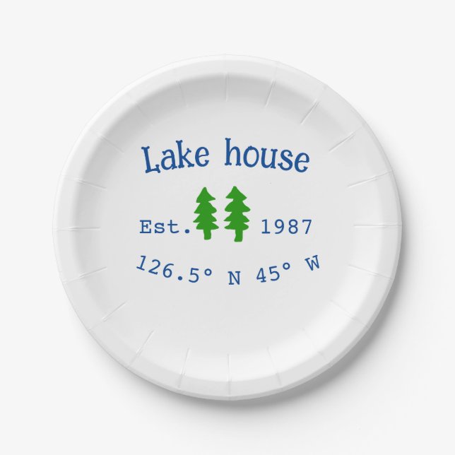 Lake house ets. Date year custom coordinates add n Paper Plate (Front)